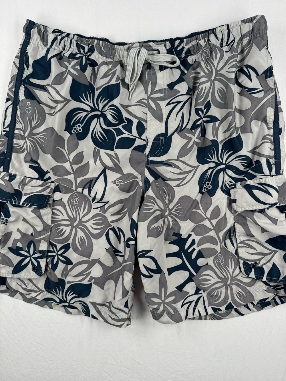 Old Navy Gray and Navy Floral Swim Trunks with Elastic Waistband - Picture 1 of 6